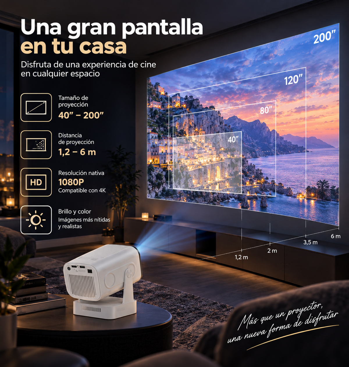 Proyección de 40 a 200 pulgadas